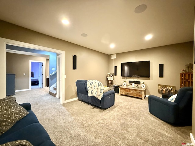 120 Snow Valley Cir, Palmyra, NE 68418 - carpeted living area with baseboards and stairway