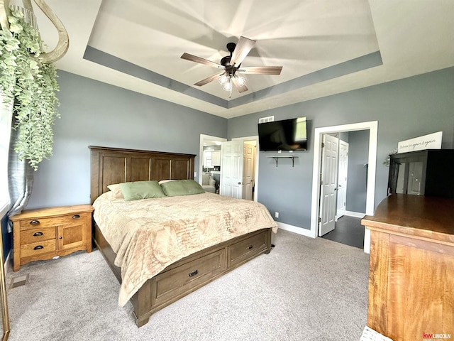 120 Snow Valley Cir, Palmyra, NE 68418 - bedroom featuring a tray ceiling, carpet, and ceiling fan