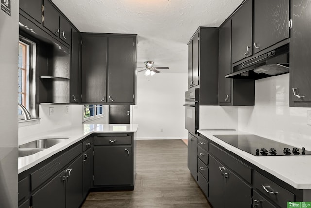 2330 S 90th St, Omaha, NE 68124 - kitchen featuring black appliances, under cabinet range hood, ceiling fan, dark wood-style flooring, and open shelves