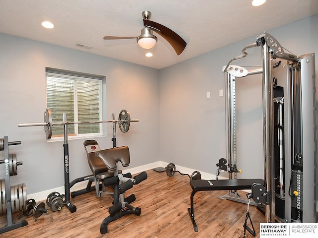 6535 N 157th St, Omaha, NE 68116 - exercise area with a ceiling fan, wood finished floors, and recessed lighting