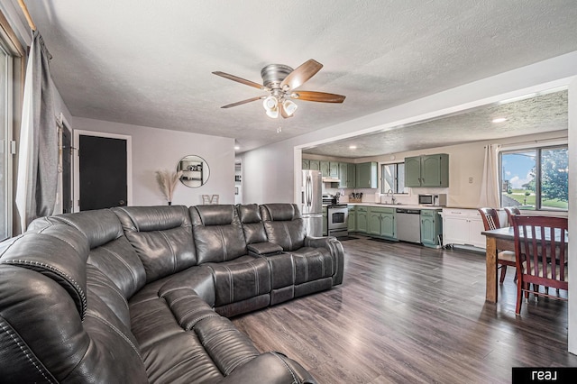 549 Washtington St, Carson, IA 51525 - living area featuring ceiling fan, a textured ceiling, and dark wood-style floors