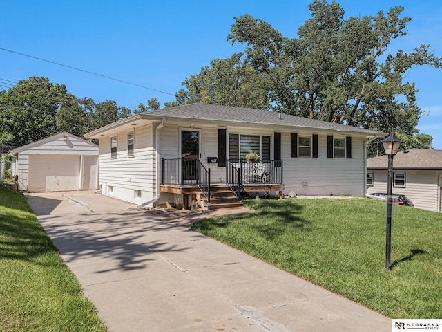 9418 Meredith Ave, Omaha, NE 68134 - view of front of house featuring an outbuilding, a porch, a garage, a front lawn, and a shingled roof