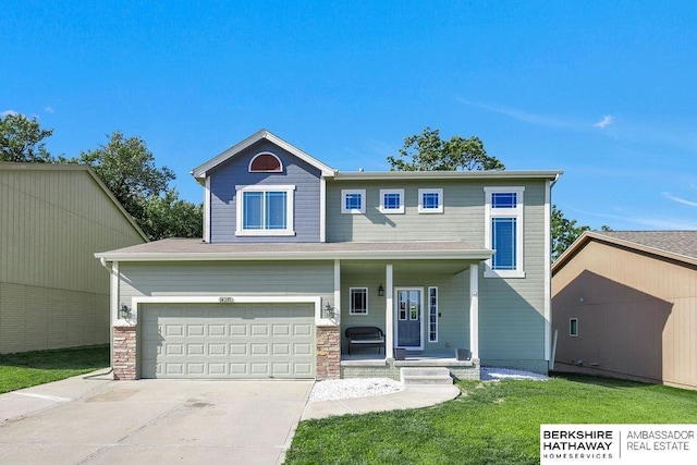 14210 Potter Pkwy, Omaha, NE 68142 - traditional-style home featuring a porch, driveway, a garage, and a front yard