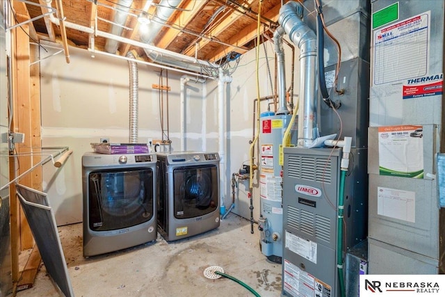 6961 N 89th Ave, Omaha, NE 68122 - washroom featuring water heater, washing machine and dryer, and heating unit