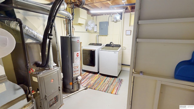 10912 V St, Omaha, NE 68137 - laundry area featuring water heater, washer and clothes dryer, and electric panel