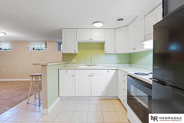 444 W 4th St, Wahoo, NE 68006 - kitchen featuring freestanding refrigerator, range with electric stovetop, light countertops, and white cabinetry