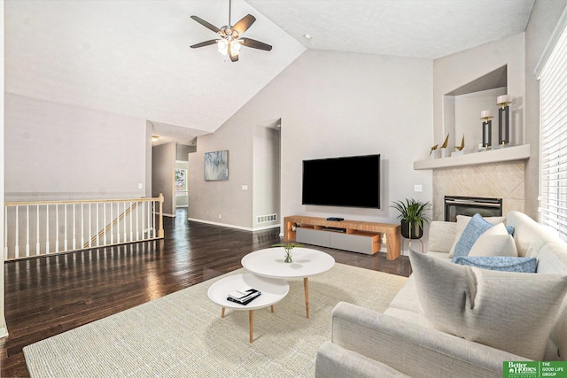 15209 Saratoga St, Omaha, NE 68116 - living area with a ceiling fan, wood finished floors, high vaulted ceiling, and a fireplace