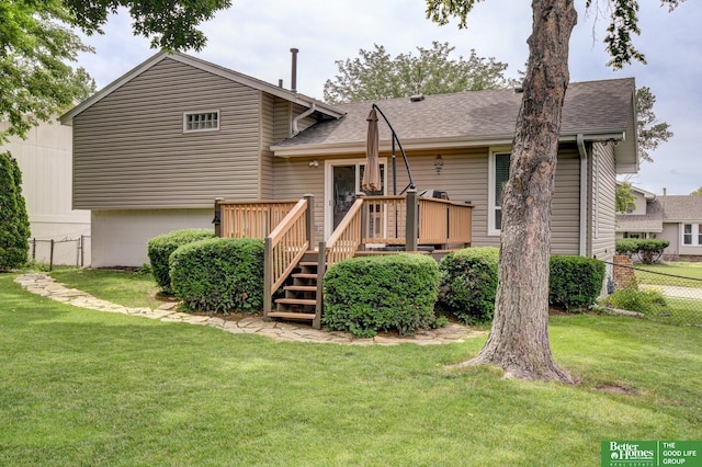 11122 Jefferson St, Omaha, NE 68137 - back of property with a deck, a shingled roof, and stairway
