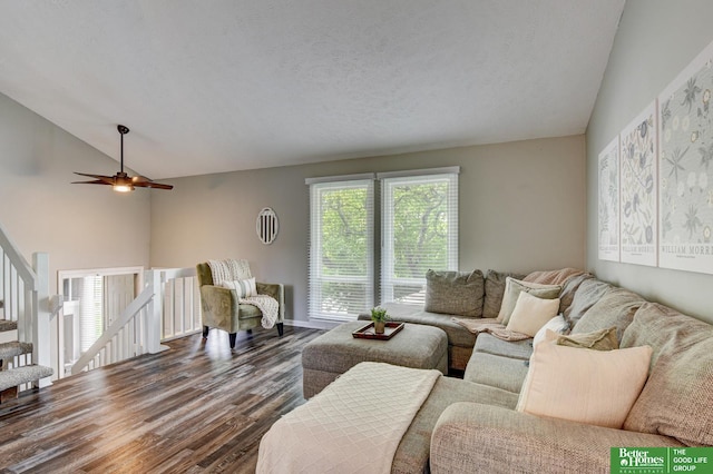 11122 Jefferson St, Omaha, NE 68137 - living area featuring lofted ceiling, dark wood-style floors, and a ceiling fan
