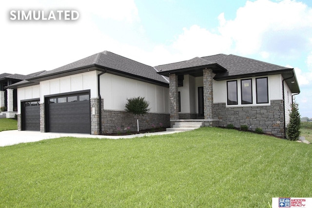 941 N 104th St, Lincoln, NE 68527 - prairie-style home featuring stone siding, an attached garage, a front lawn, a shingled roof, and driveway