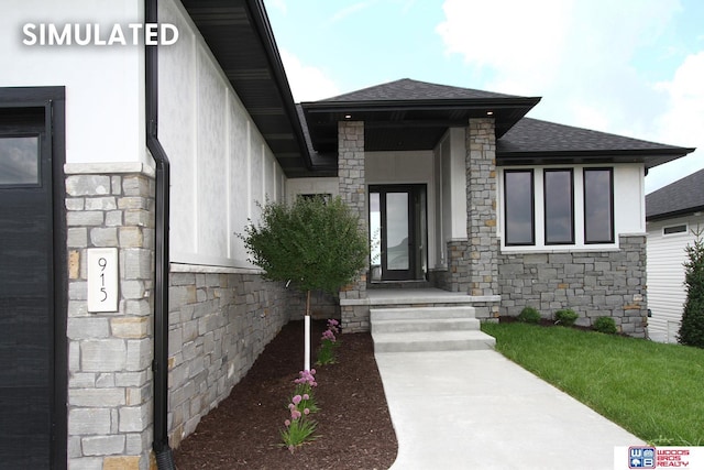 941 N 104th St, Lincoln, NE 68527 - view of exterior entry with roof with shingles and stone siding