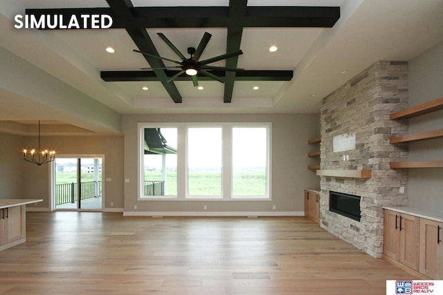 941 N 104th St, Lincoln, NE 68527 - unfurnished living room with coffered ceiling, a chandelier, a stone fireplace, light wood-style flooring, and beam ceiling