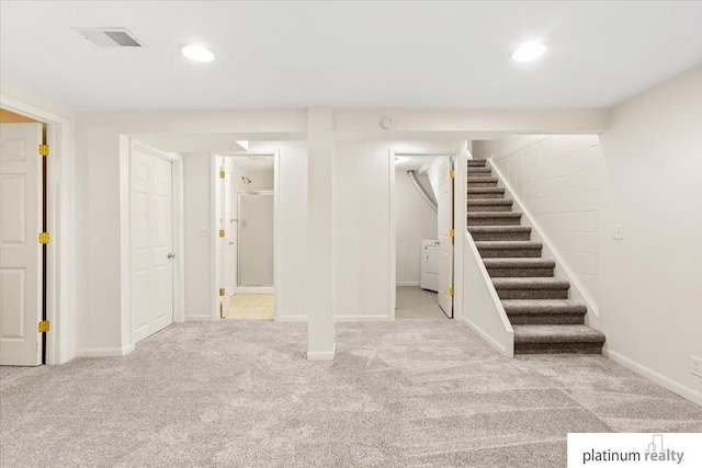 3052 S 46th Ave, Omaha, NE 68106 - finished below grade area featuring carpet, stairs, washer / dryer, and recessed lighting