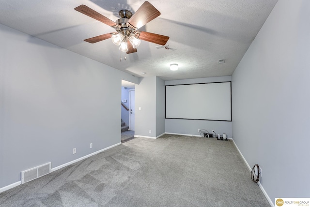 18653 Borman St, Omaha, NE 68135 - home theater room featuring carpet, a ceiling fan, and a textured ceiling