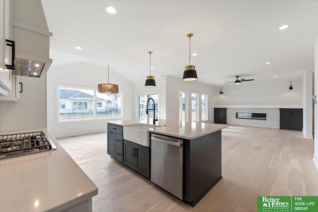 5721 N 197th Ave, Omaha, NE 68022 - kitchen with appliances with stainless steel finishes, light wood-type flooring, ceiling fan, a glass covered fireplace, and decorative light fixtures