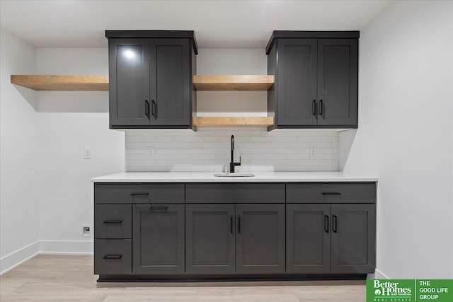 5721 N 197th Ave, Omaha, NE 68022 - kitchen featuring open shelves, backsplash, light countertops, and gray cabinetry