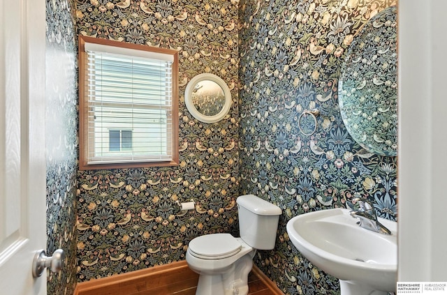 17534 Jefferson St, Omaha, NE 68135 - half bathroom with plenty of natural light, wallpapered walls, and wood finished floors