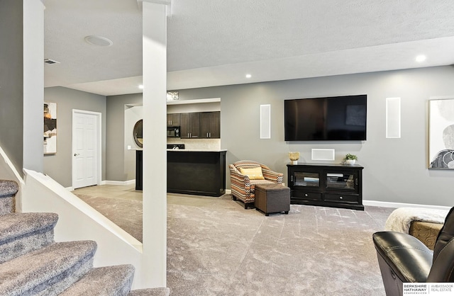 17534 Jefferson St, Omaha, NE 68135 - living room with stairway, light carpet, and recessed lighting