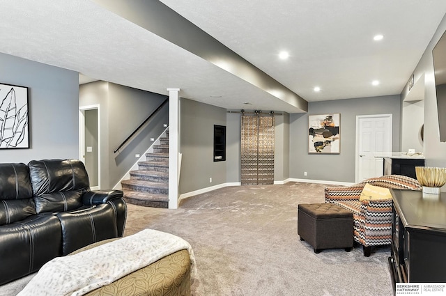 17534 Jefferson St, Omaha, NE 68135 - living room featuring light carpet, stairway, and recessed lighting