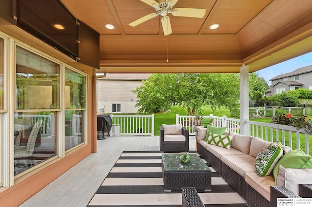 17534 Jefferson St, Omaha, NE 68135 - wooden terrace featuring an outdoor hangout area, a ceiling fan, a yard, and a grill