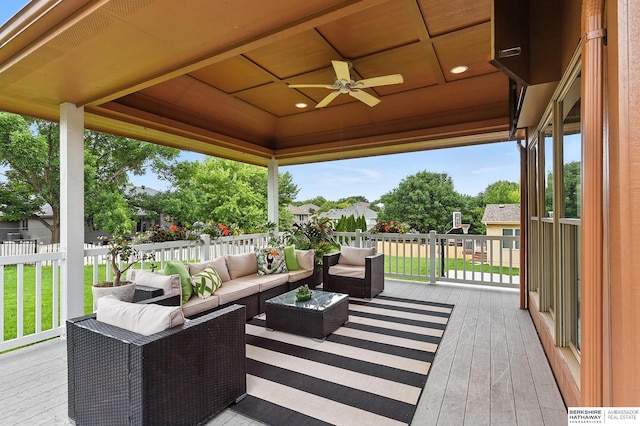 17534 Jefferson St, Omaha, NE 68135 - wooden terrace featuring an outdoor hangout area, ceiling fan, and a yard