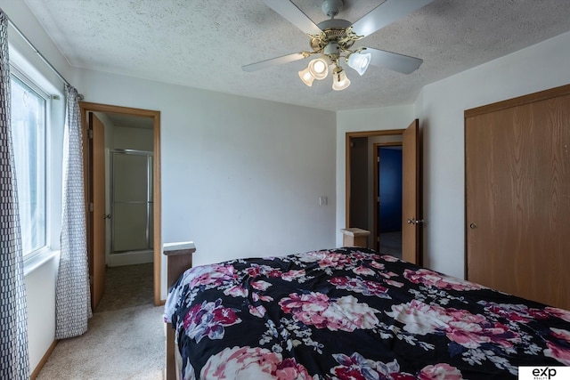 6633 N 115th St, Omaha, NE 68164 - bedroom with multiple windows, light carpet, ceiling fan, a closet, and a textured ceiling