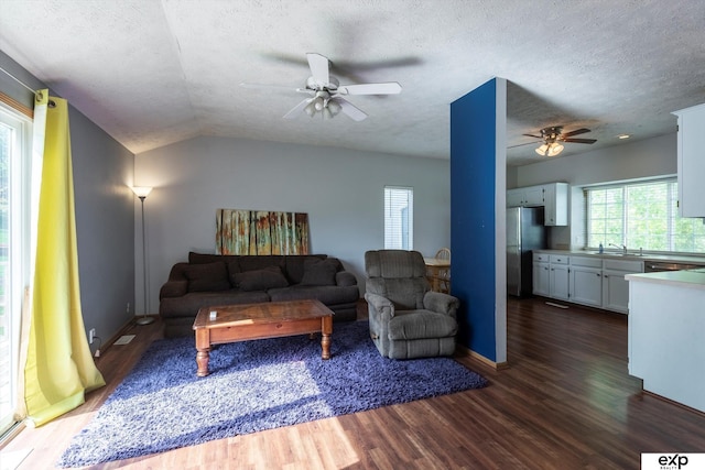 6633 N 115th St, Omaha, NE 68164 - living room with a ceiling fan, dark wood-style floors, a textured ceiling, and lofted ceiling