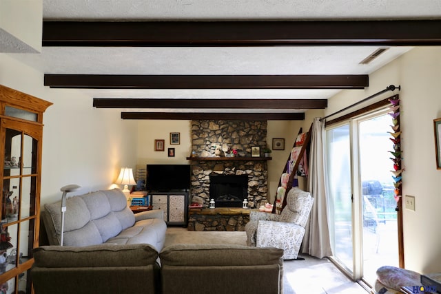 1365 N Chestnut St, Wahoo, NE 68066 - living area featuring beam ceiling, a stone fireplace, and light carpet
