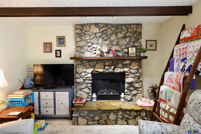 1365 N Chestnut St, Wahoo, NE 68066 - carpeted living area with beam ceiling and a stone fireplace