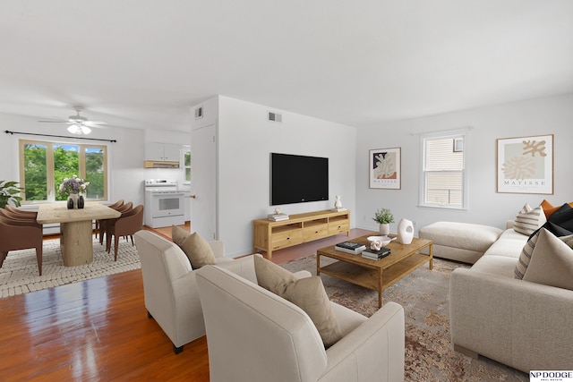 7922 Himebaugh Ave, Omaha, NE 68134 - living room featuring wood finished floors and a ceiling fan