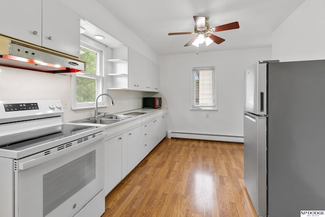 7922 Himebaugh Ave, Omaha, NE 68134 - kitchen with electric stove, freestanding refrigerator, under cabinet range hood, and white cabinets