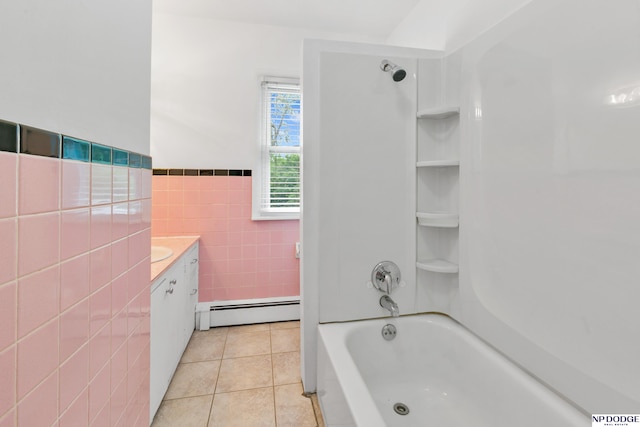7922 Himebaugh Ave, Omaha, NE 68134 - full bath featuring a baseboard heating unit, tile walls, tile patterned floors, shower / washtub combination, and vanity