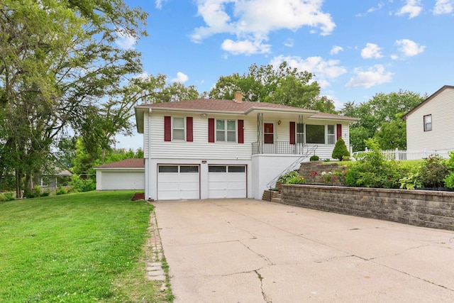 7922 Himebaugh Ave, Omaha, NE 68134 - ranch-style home featuring a front yard, a porch, a chimney, stairs, and an attached garage