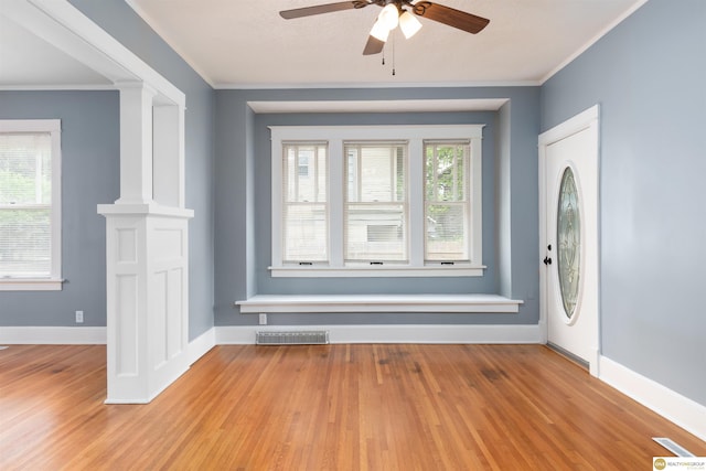 3207 Castelar St, Omaha, NE 68105 - foyer entrance with a ceiling fan, light wood-style flooring, and crown molding