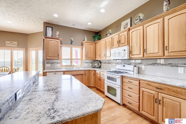 223 N Lakeview Way, Ashland, NE 68003 - kitchen with white appliances, a textured ceiling, light brown cabinetry, backsplash, and recessed lighting