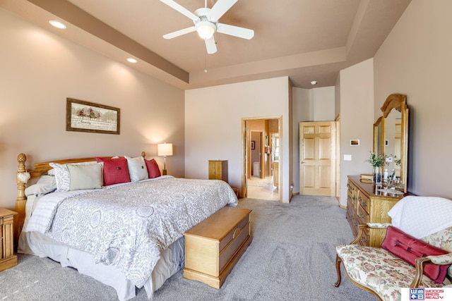 223 N Lakeview Way, Ashland, NE 68003 - bedroom with light carpet, recessed lighting, a tray ceiling, and a ceiling fan