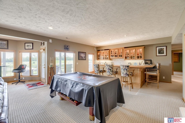 223 N Lakeview Way, Ashland, NE 68003 - rec room with light carpet, billiards table, wet bar, a textured ceiling, and recessed lighting