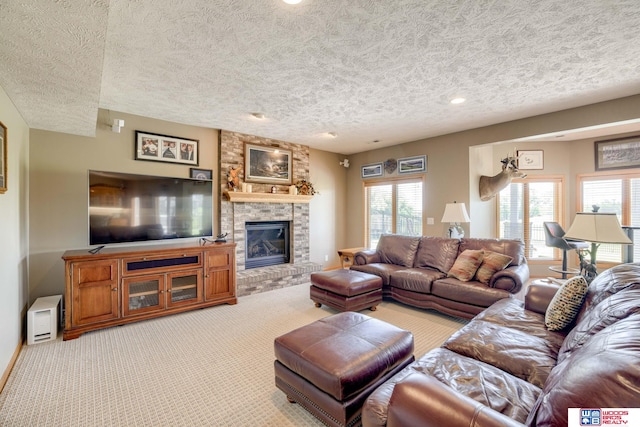 223 N Lakeview Way, Ashland, NE 68003 - carpeted living area with a textured ceiling, a brick fireplace, and recessed lighting