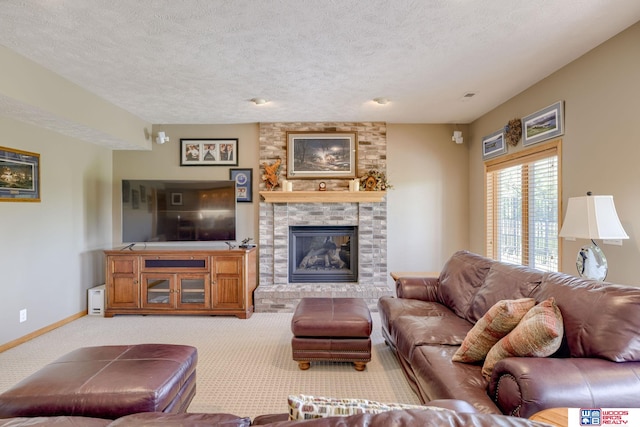 223 N Lakeview Way, Ashland, NE 68003 - carpeted living area featuring a fireplace and a textured ceiling