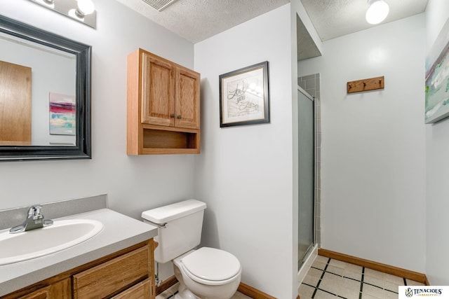 5001 W Sparrow Ln, Lincoln, NE 68528 - bathroom with vanity, a stall shower, a textured ceiling, and tile patterned floors