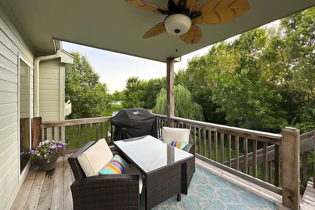 10818 S 109th St, Papillion, NE 68046 - wooden terrace featuring a ceiling fan, grilling area, and outdoor dining space