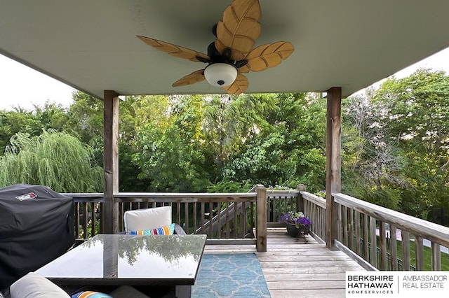 10818 S 109th St, Papillion, NE 68046 - deck featuring a ceiling fan, a grill, and outdoor dining area