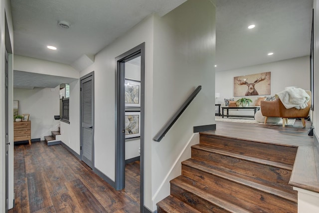 11680 Meredith Ave, Omaha, NE 68164 - staircase featuring wood finished floors and recessed lighting