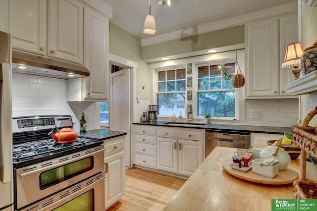 526 S 51st Ave, Omaha, NE 68132 - kitchen featuring appliances with stainless steel finishes, under cabinet range hood, backsplash, light wood finished floors, and white cabinetry