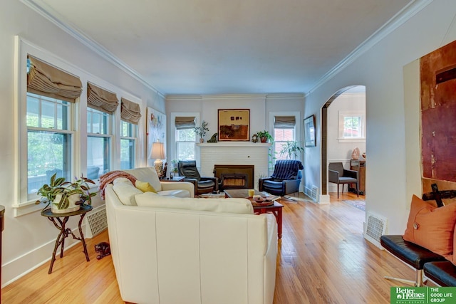 526 S 51st Ave, Omaha, NE 68132 - living room with arched walkways, light wood-style floors, a brick fireplace, and crown molding