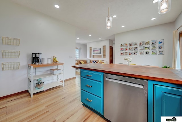 1015 Ridge Rd, Hickman, NE 68372 - kitchen featuring dishwasher, blue cabinets, light wood-style floors, recessed lighting, and butcher block counters
