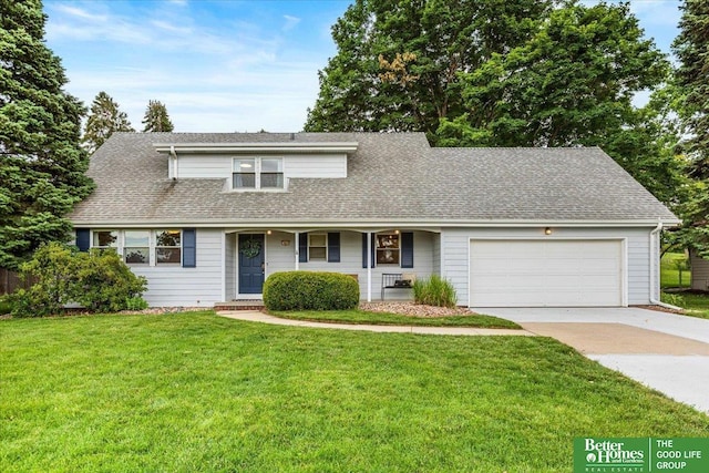 12079 Westover Rd, Omaha, NE 68154 - traditional home with a garage, a front yard, concrete driveway, roof with shingles, and covered porch