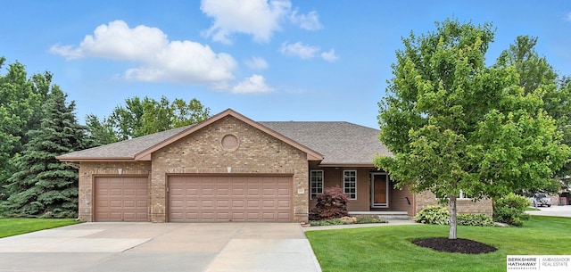 10505 S 179th St, Omaha, NE 68136 - view of front of property with brick siding, driveway, a garage, a front yard, and a shingled roof