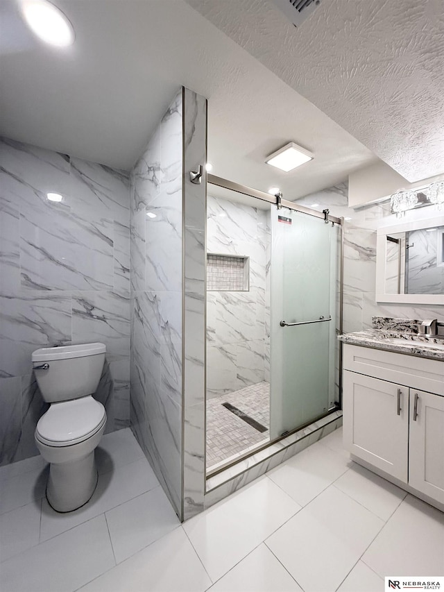 13910 Shirley St, Omaha, NE 68144 - full bath featuring vanity, a marble finish shower, a textured ceiling, and tile walls