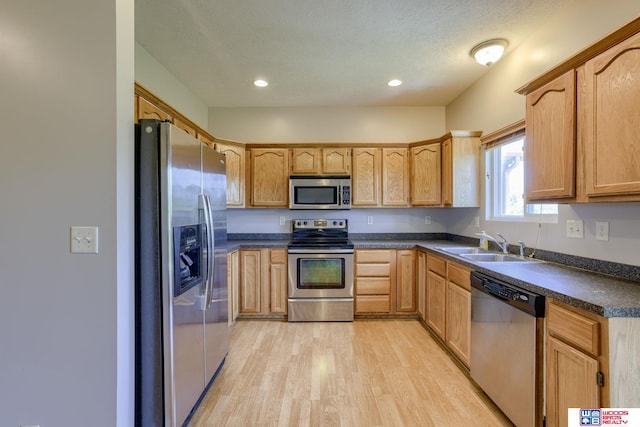 1215 Turtle Creek Rd, Lincoln, NE 68521 - kitchen featuring appliances with stainless steel finishes, light wood-style flooring, dark countertops, and recessed lighting